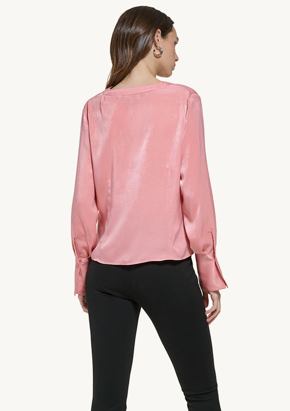 Long Sleeve Split Neck Blouse With Front Pleat