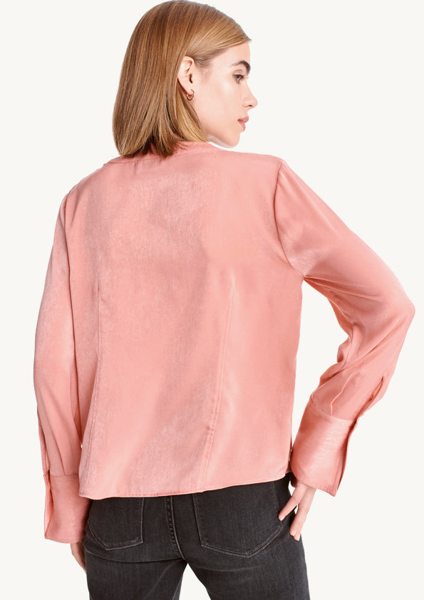 Long Sleeve Split Neck Blouse With Front Pleat